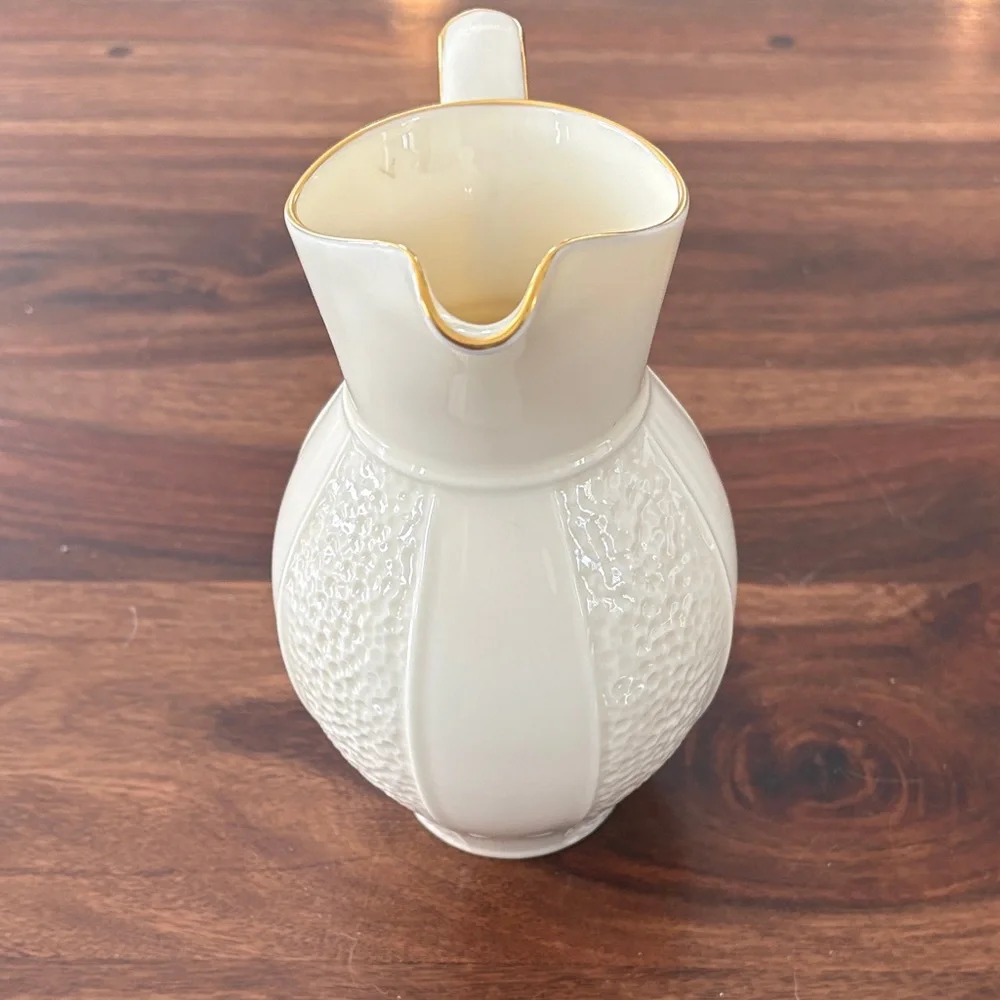 Vintage MCM Lenox Ivory Pitcher Made In USA with Gold Rim Dimpled‎ Panels